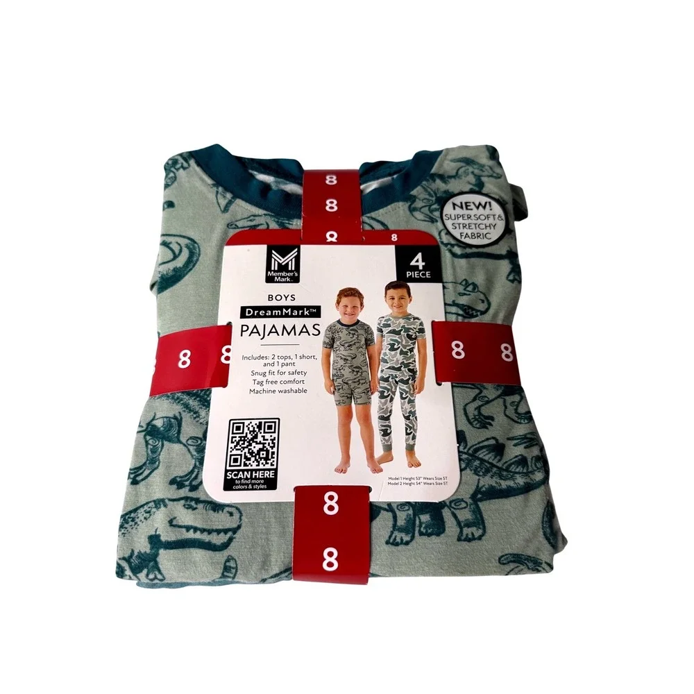 Member's Mark DreamMark Boys 4-Piece Pajama Set  Dinosaur & Camo Snug Sz 8